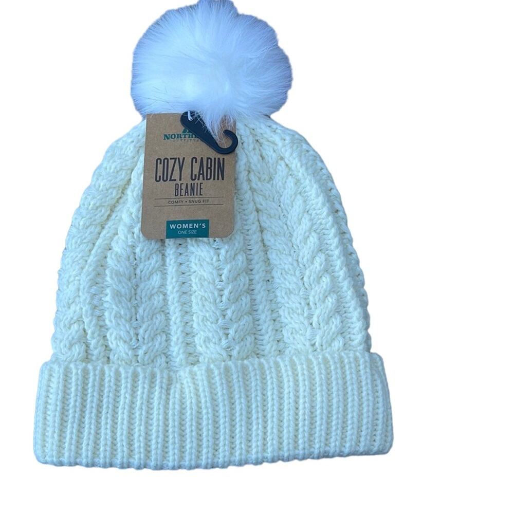 Northeast Outfitters Cozy Cabin white knit beanie pompom hat NEW